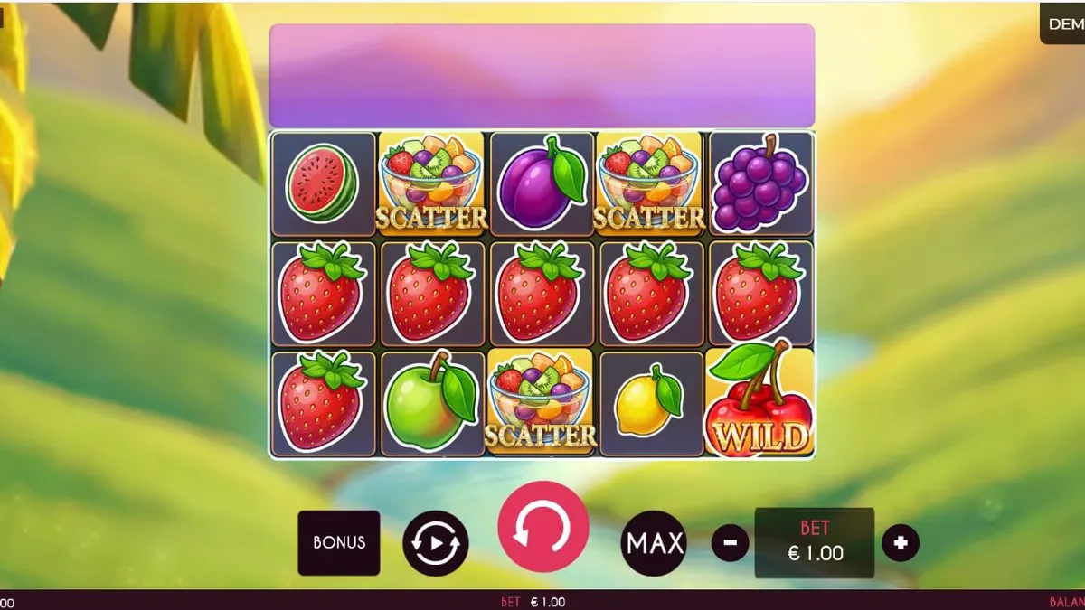 Tampilan visual slot Fruits Madness dengan simbol buah yang cerah dan latar belakang karnaval.