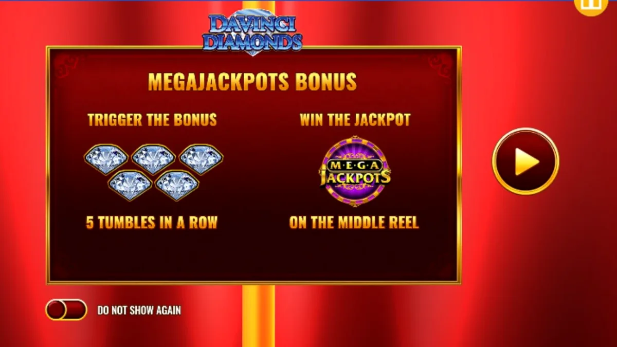 Tampilan visual slot Mega Jackpot DaVinci Diamonds dengan simbol permata dan karya seni klasik.