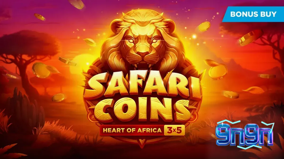 Tampilan visual slot Safari Coins dengan latar belakang savana Afrika